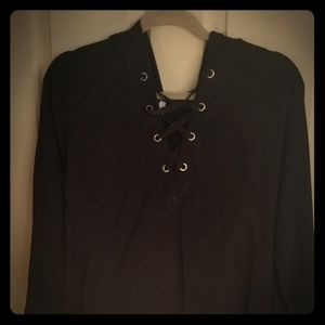 Black lace up hooded shirt